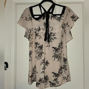 Vince Camuto Pink Floral Cold-Shoulder Ruffle Top with Black Trim